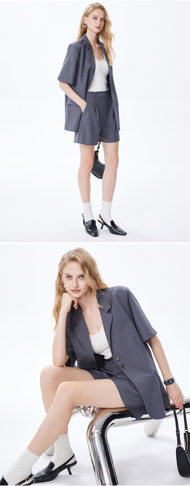 パンツセットアップ 洗練半袖ジャケットとショートパンツの組合せ