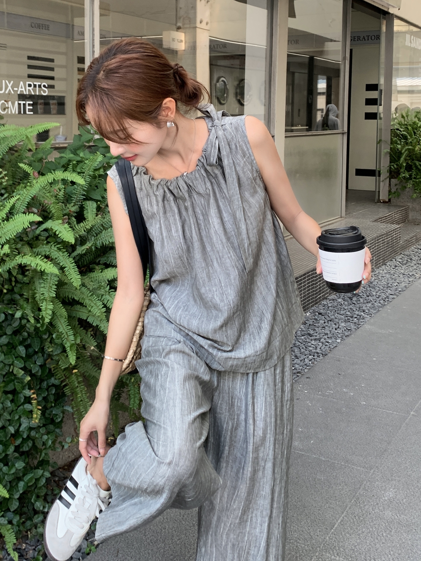パンツセットアップ シャーリング襟 ゆったりパンツセット