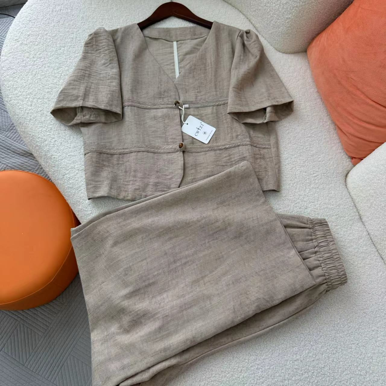 パンツセットアップ ワイド パフスリーブ麻混ワイドセットアップ