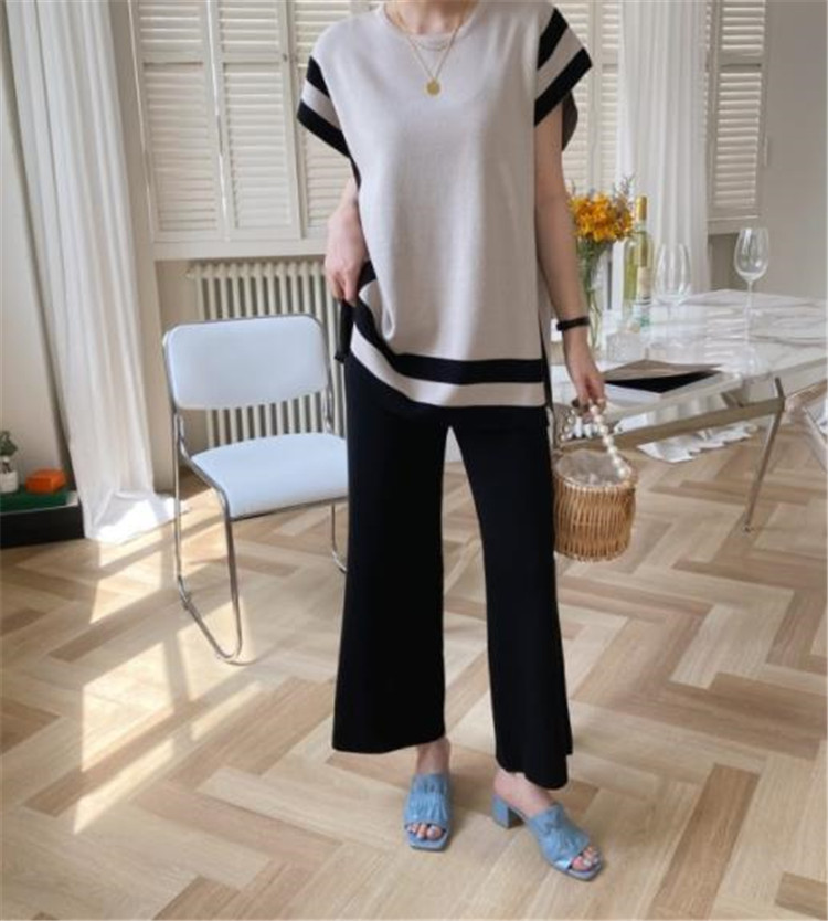 パンツセットアップ 韓国風ボーダー編みニットベスト×ワイドパンツ上下セット