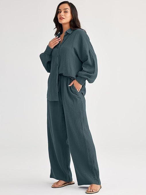 パンツセットアップ しわ加工ゆったりパンツセットアップ