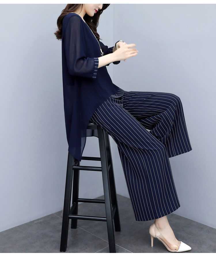 パンツセットアップ シフォン重ね着風ストライプワイドパンツセット