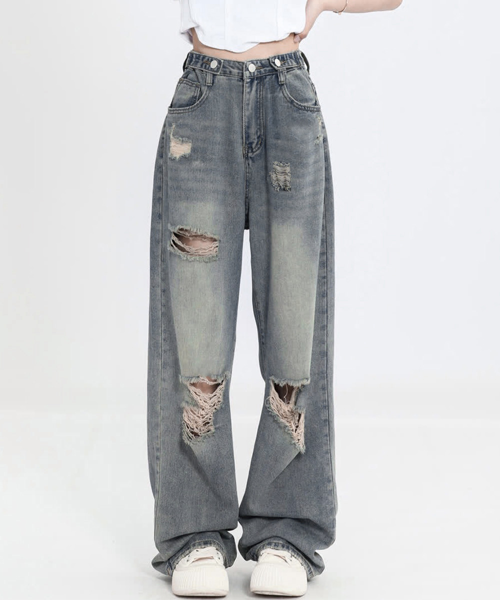 パンツセットアップ ワイドダメージデニムパンツ クラッシュ加工