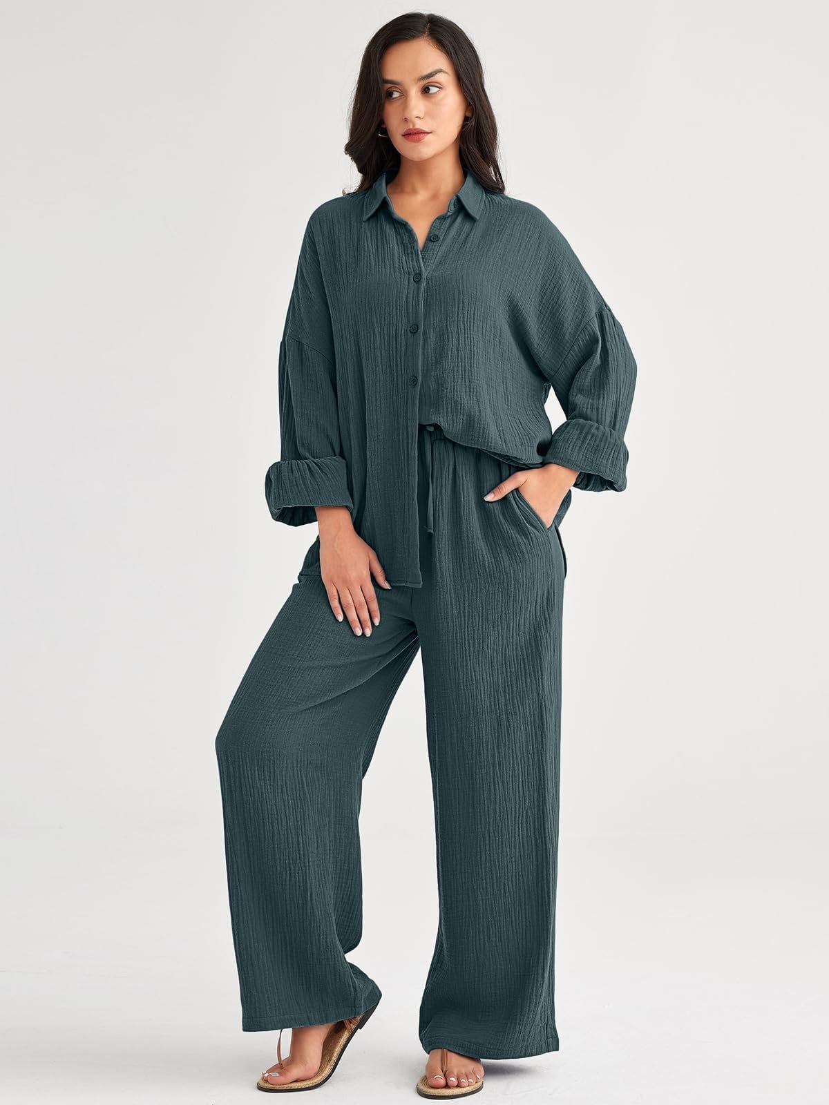 パンツセットアップ しわ加工ゆったりパンツセットアップ