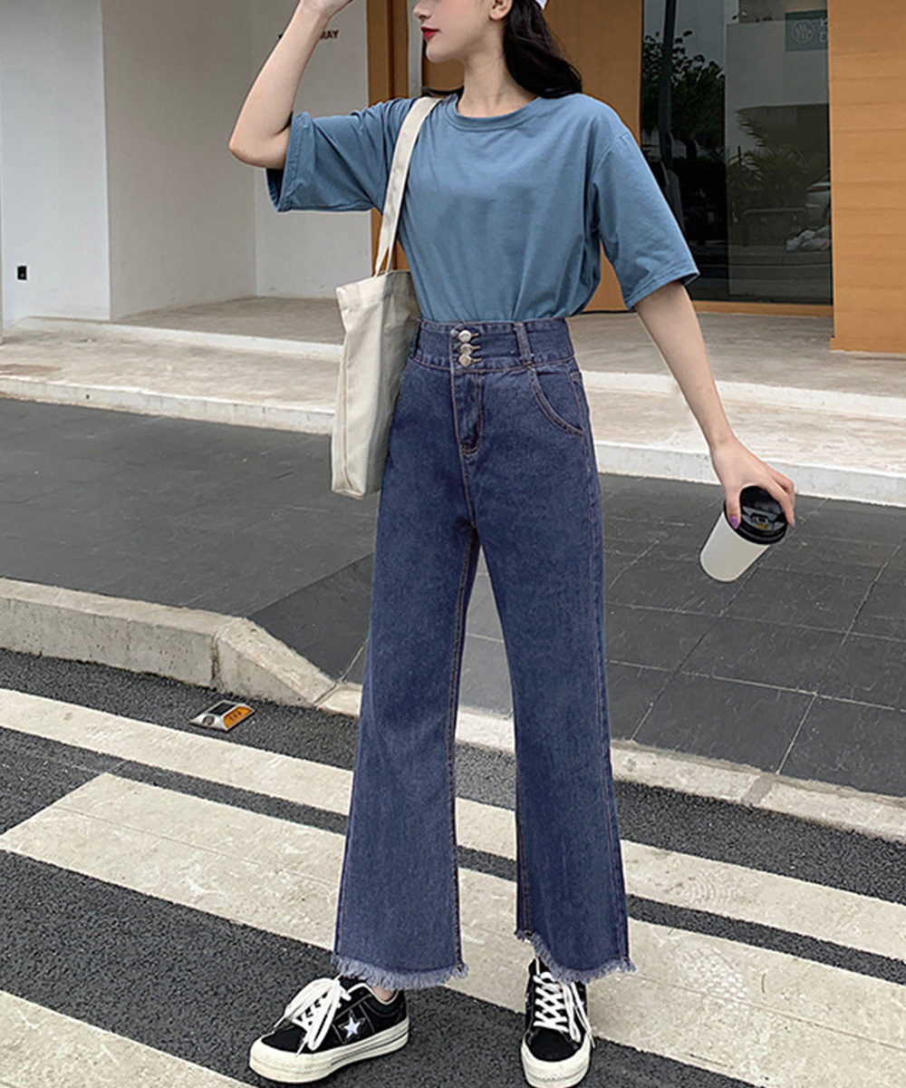 パンツセットアップ ワイドシルエット裾フリンジ九分丈デニムパンツ