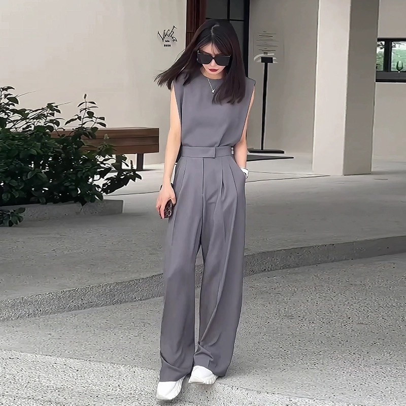 パンツセットアップ 洗練ノースリーブワイドパンツセット