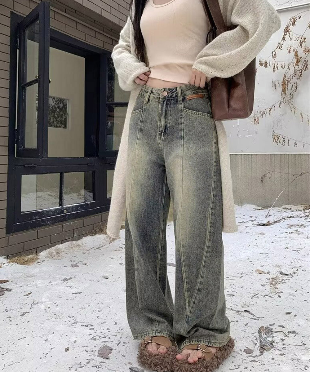 パンツセットアップ 復古風色落ちワイドデニムパンツ美脚