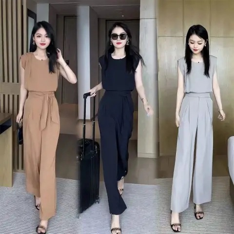 パンツセットアップ 上品シルエット ノースリーブワイドパンツセット