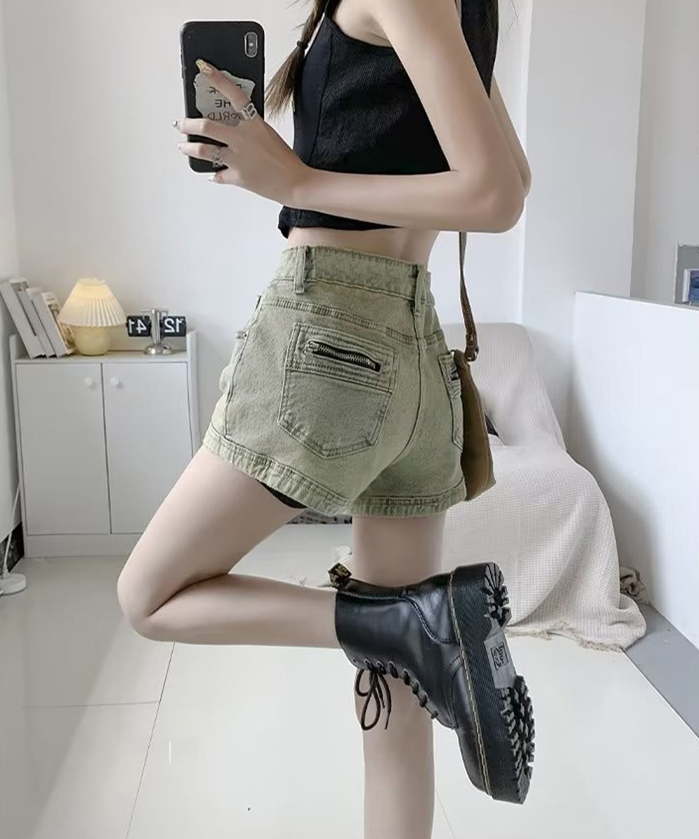 パンツセットアップ レディース復古風ウォッシュデニムショートパンツ
