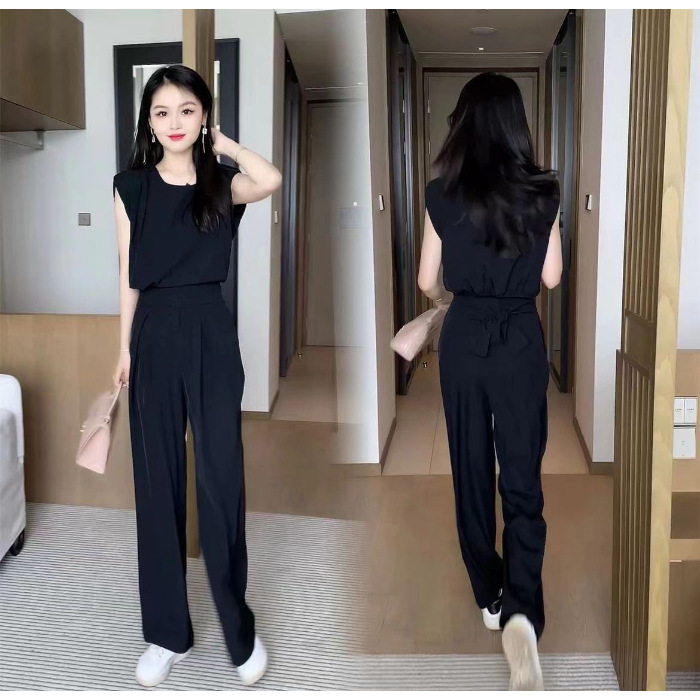 パンツセットアップ ノースリーブ リボンベルト ワイドパンツ