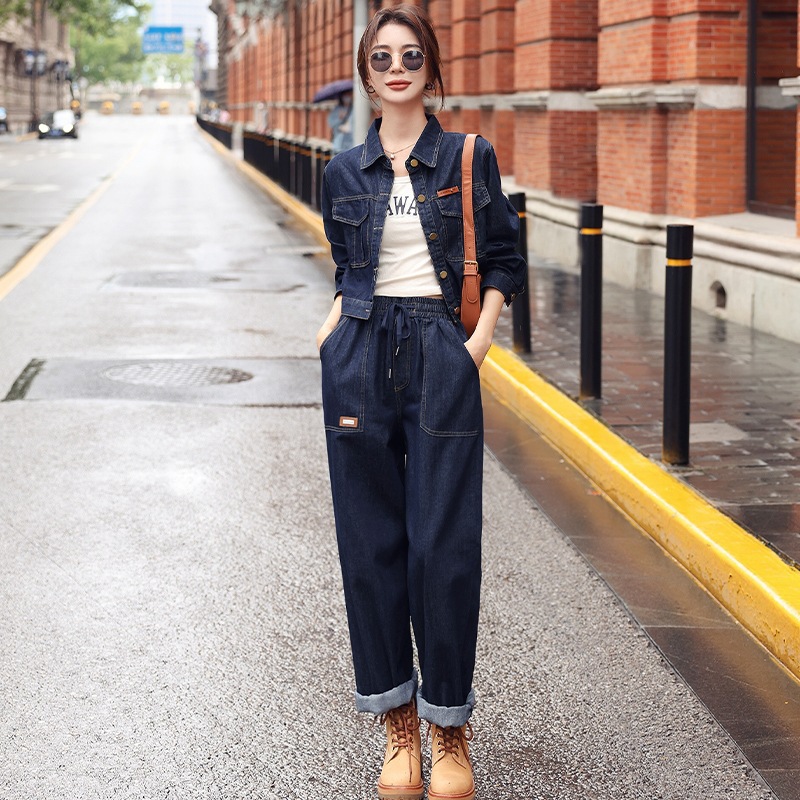 パンツセットアップ デニム素材ショートジャケット付きワイドパンツセットアップ