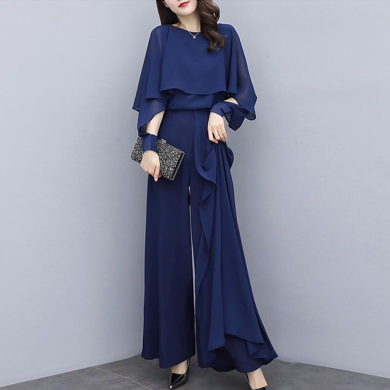 パンツセットアップ 優雅なケープ風ワイドパンツセット