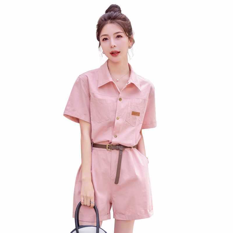 パンツセットアップ ポケット付きシャツ風ショートセットアップ
