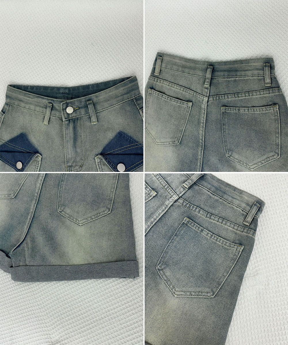 パンツセットアップ 裾ロールアップ デニムショート パンツ 美脚