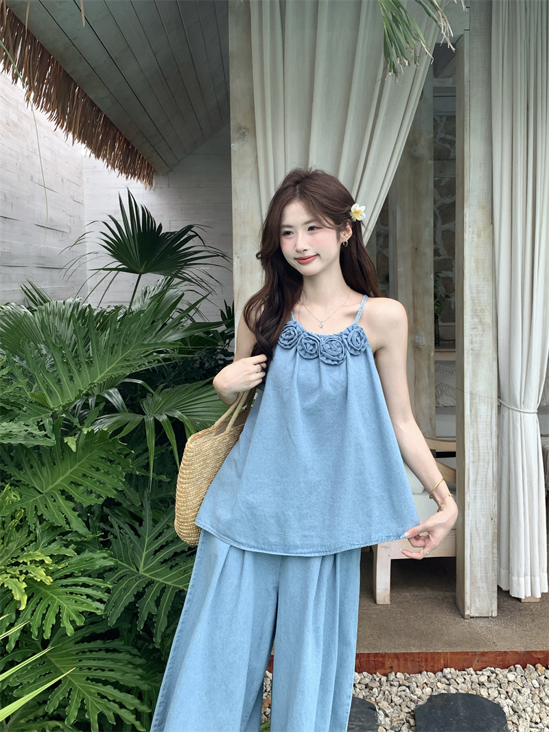 パンツセットアップ 夏新作韓国風花飾りキャミソール×ワイドパンツセット