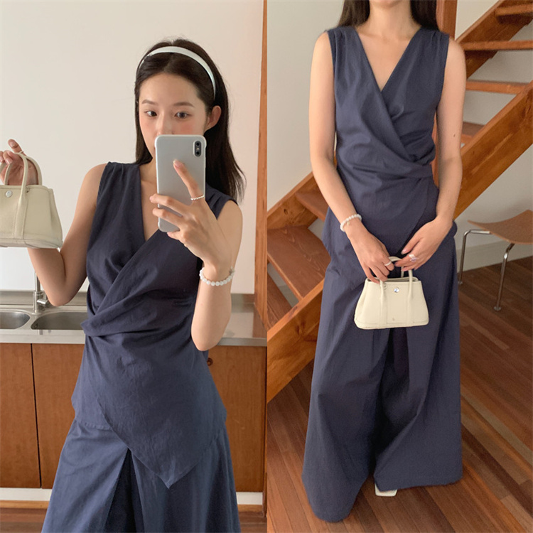 パンツセットアップ 袖なしクロストップス×ワイドパンツセット 2色