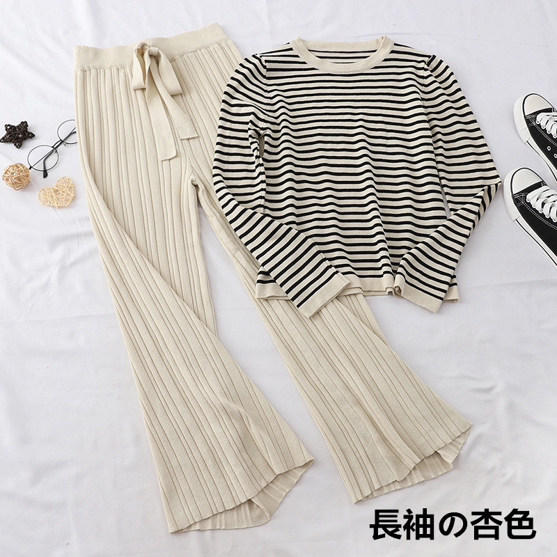 パンツセットアップ ボーダーニット×ワイドパンツ 二点組 体型カバー上下セット