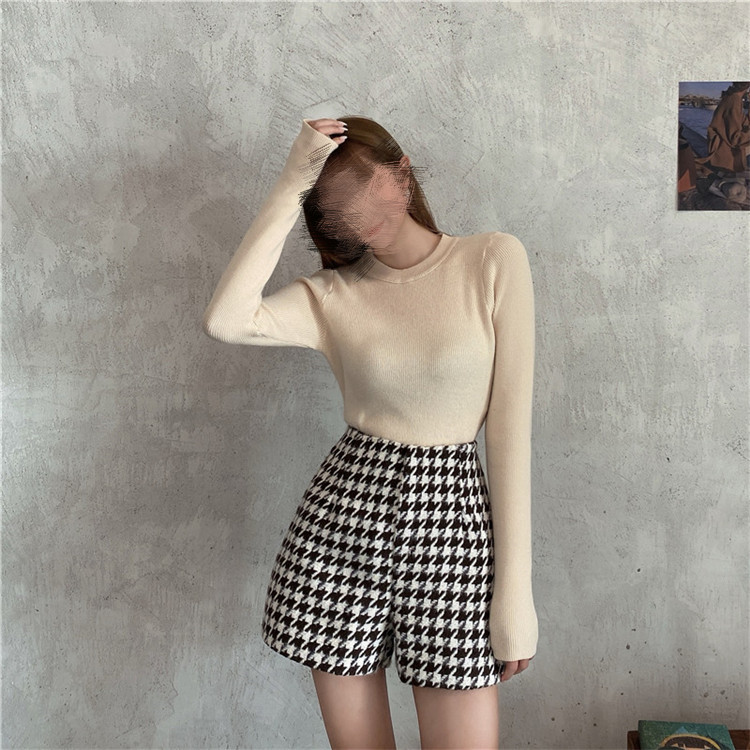 パンツセットアップ 大人女子 丸首ニット ハイウエストショートパンツ セット