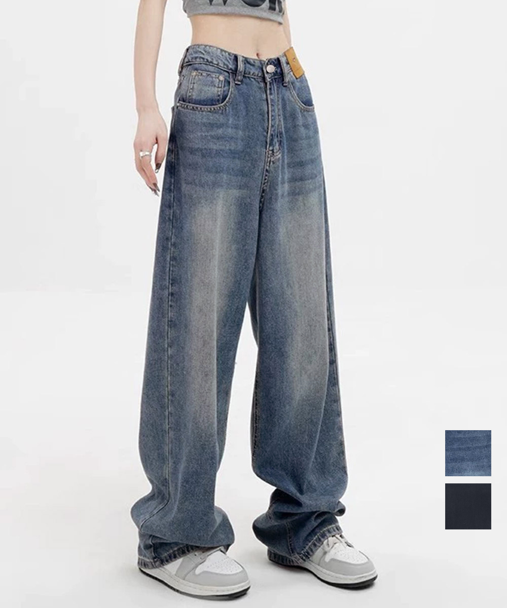 パンツセットアップ 美脚ワイドデニムパンツ古着風加工