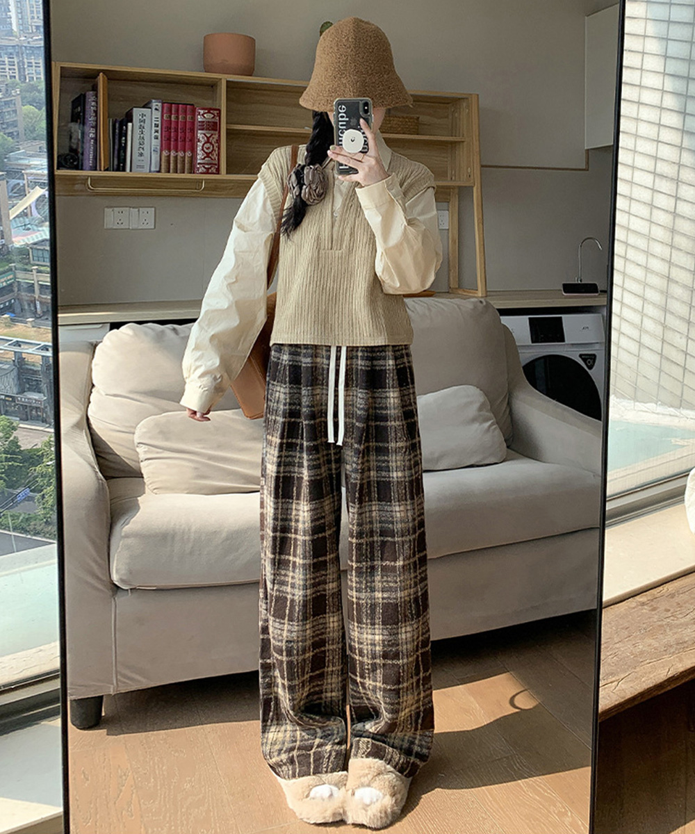パンツセットアップ チェック柄ワイド起毛パンツ レディース ゴムウエスト