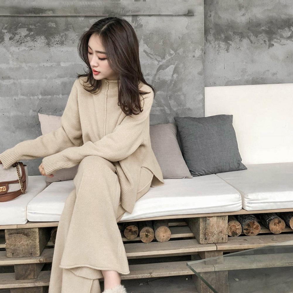 ニットワイドパンツセットアップ レディース ゆったり秋冬長袖無地