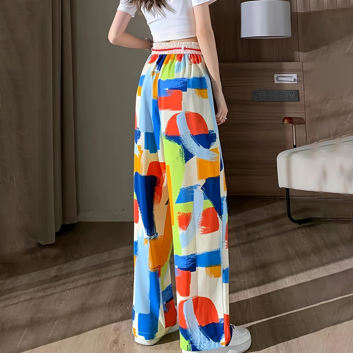 パンツセットアップ アートペイント風ゴム腰ワイドパンツ
