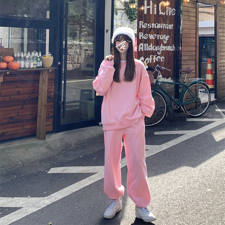 パンツセットアップ 冬物長袖パーカーワイドパンツセット上下純色ゆったり