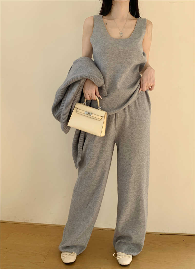 パンツセットアップ 秋冬新作 ニットカーディガン ワイドパンツ 三点セット