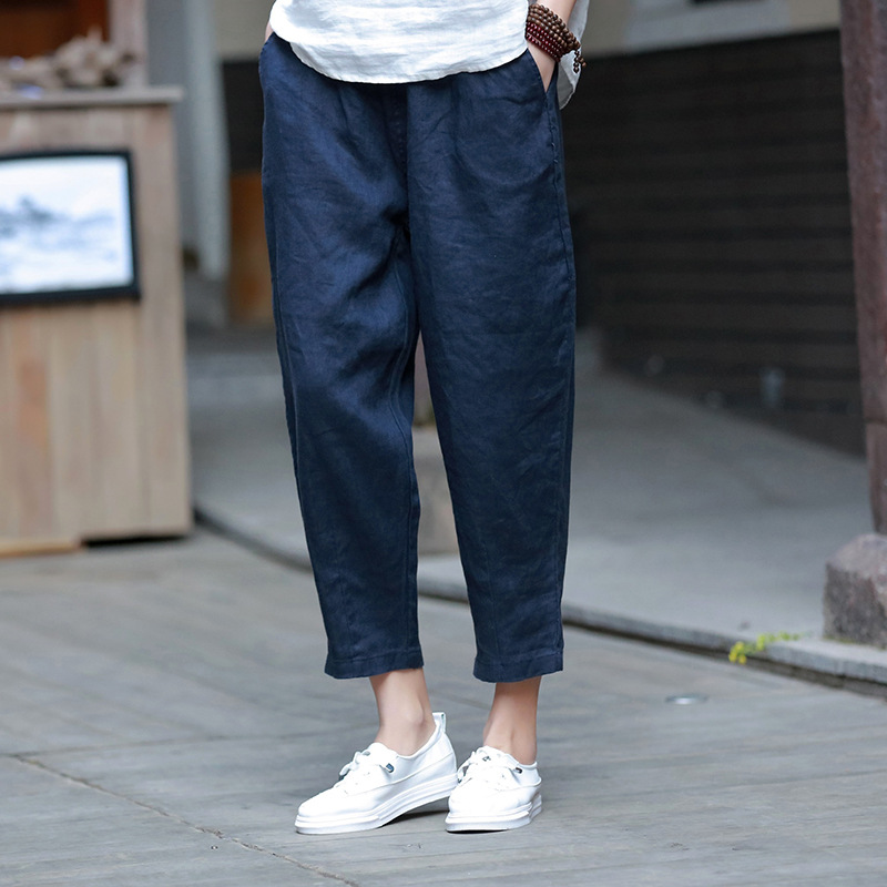パンツセットアップ リネン素材のゆったりクロップドパンツ