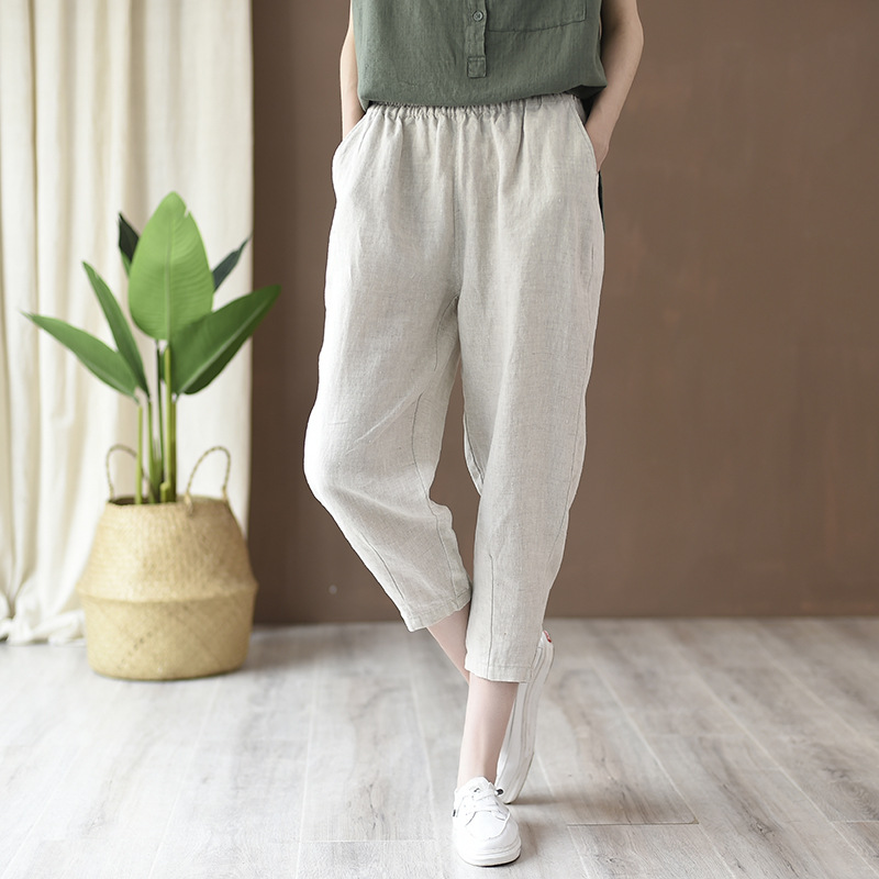 パンツセットアップ リネン素材のゆったりクロップドパンツ