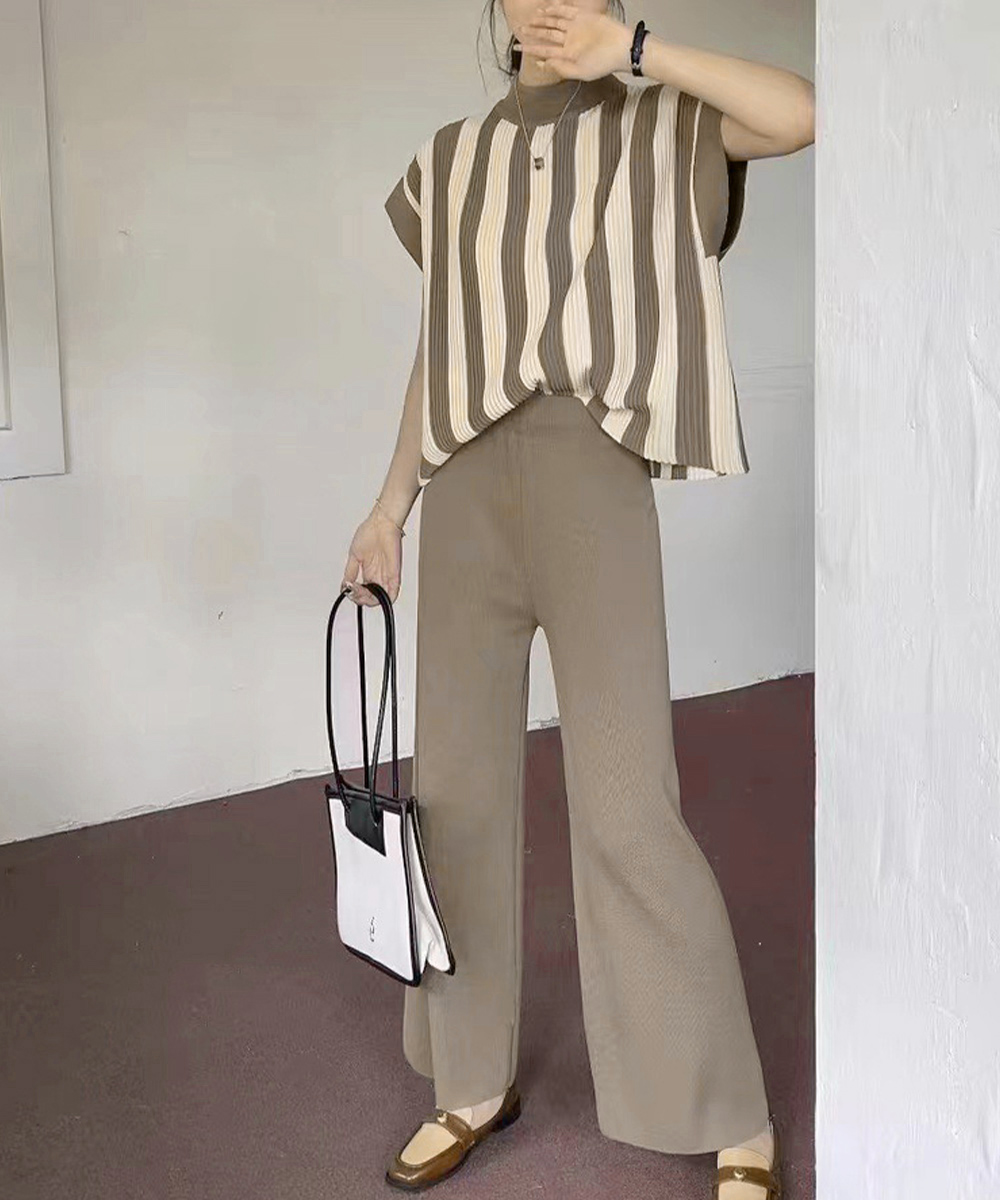 縦縞ニットワイドパンツセットアップ 春夏秋