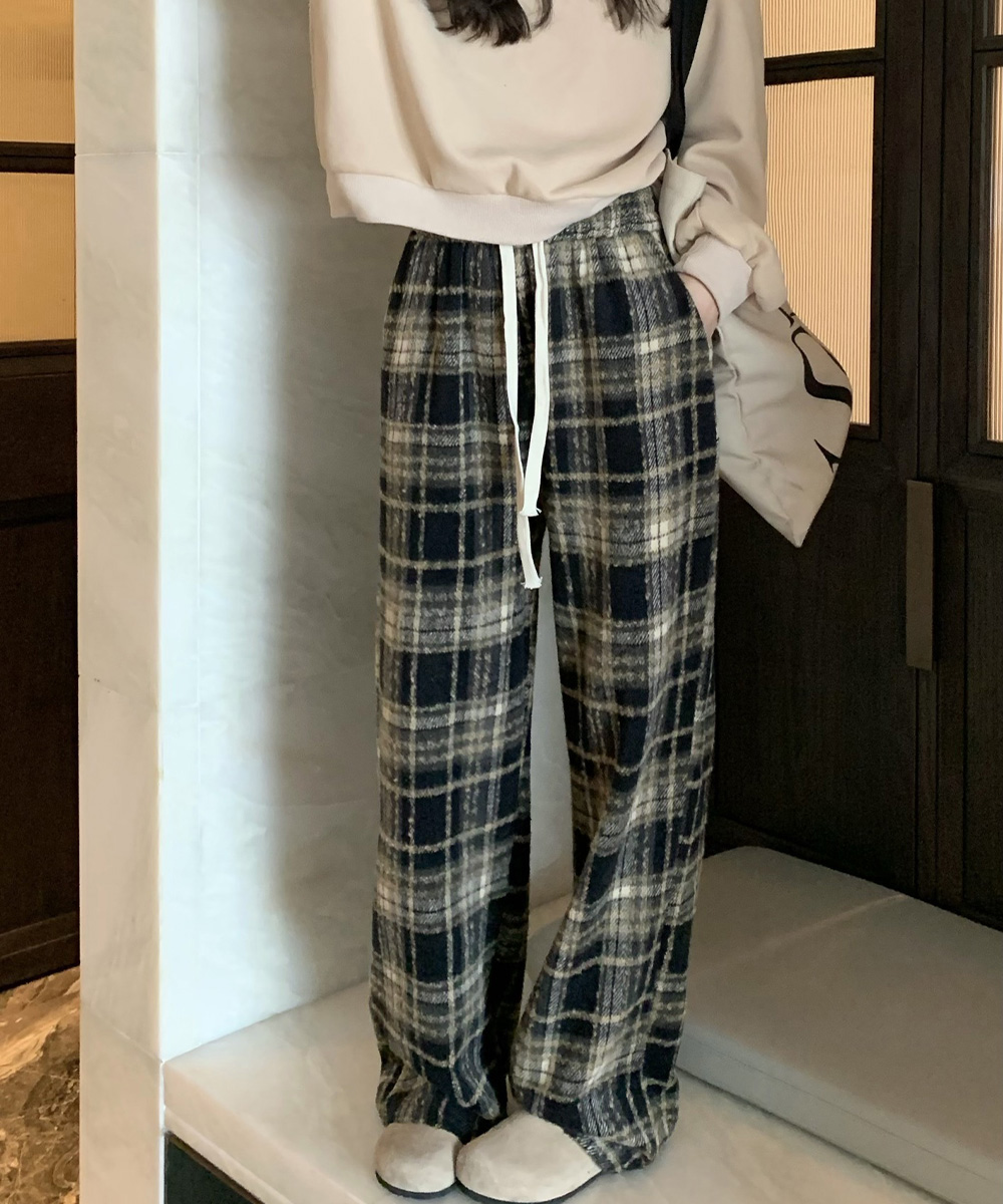 パンツセットアップ チェック柄ワイド起毛パンツ レディース ゴムウエスト
