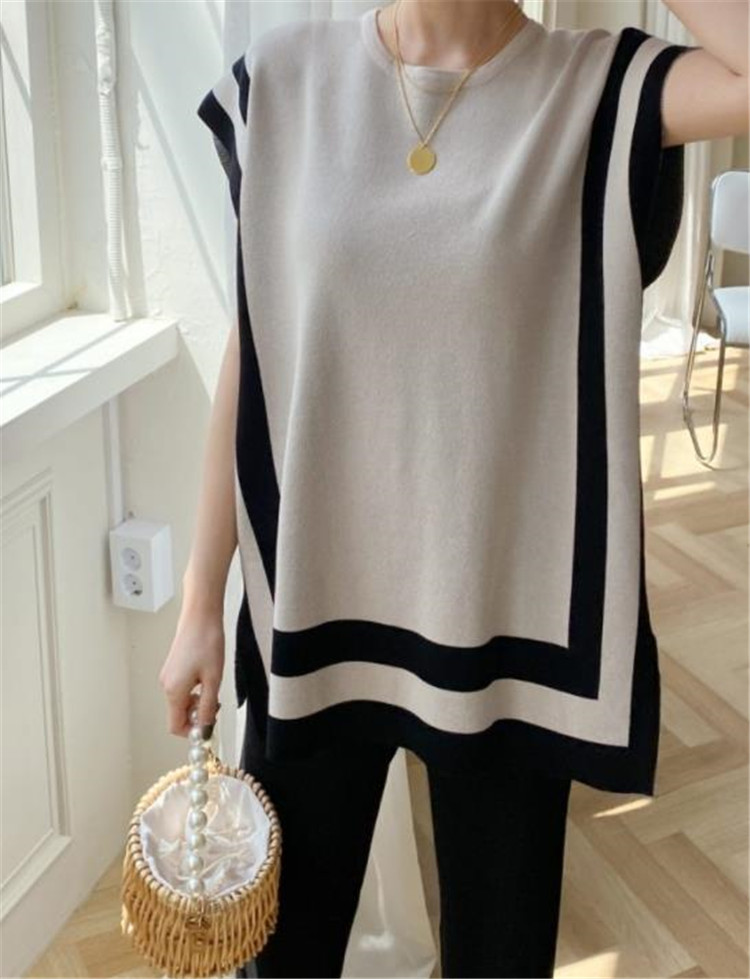 パンツセットアップ 韓国風ボーダー編みニットベスト×ワイドパンツ上下セット