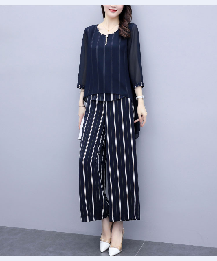 パンツセットアップ 優美シフォン重ね着風ストライプセット