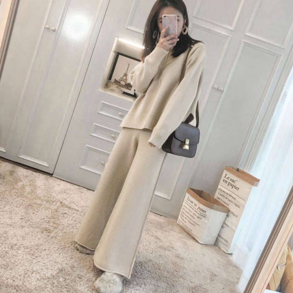 ニットワイドパンツセットアップ レディース ゆったり秋冬長袖無地