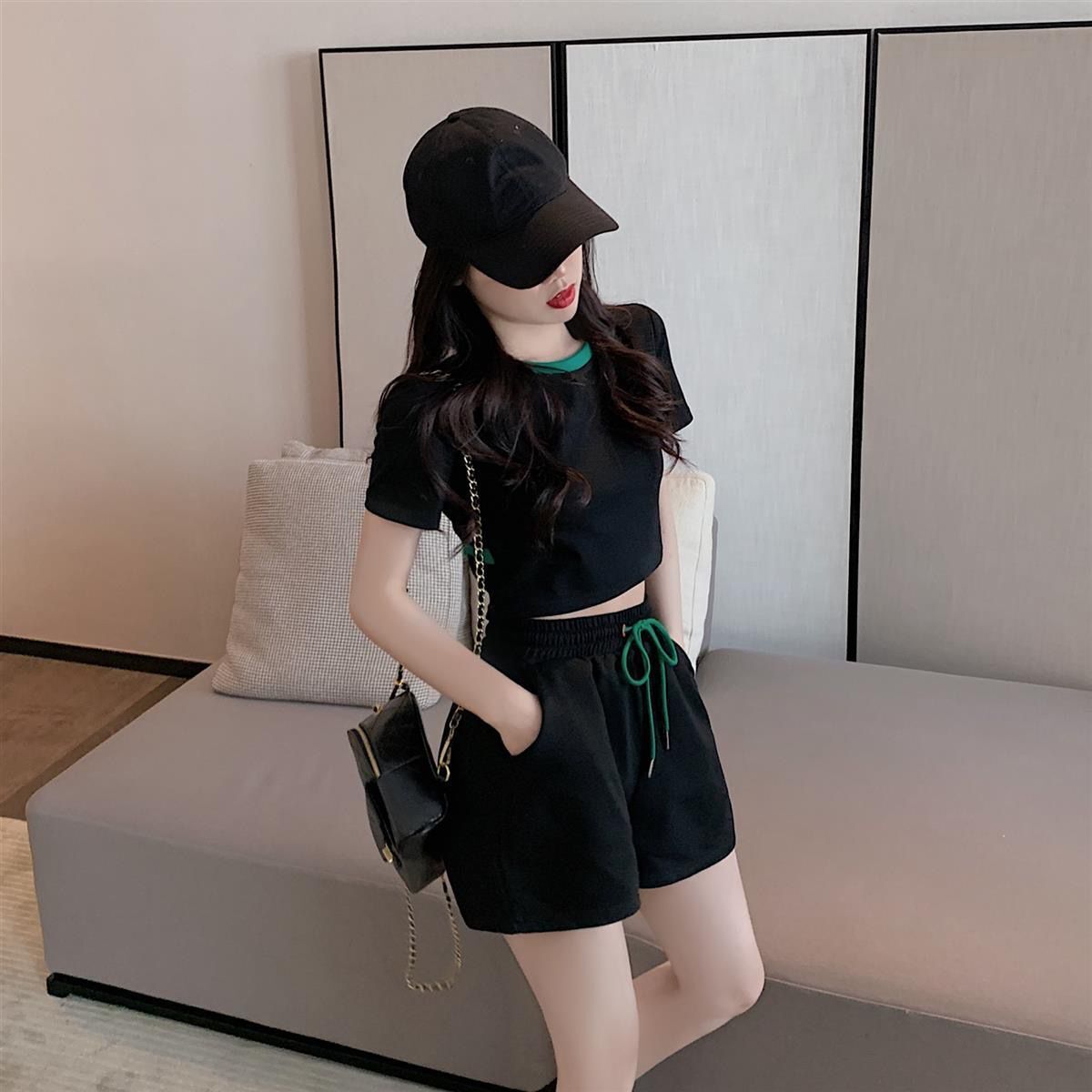 パンツセットアップ ウエストリボン ショート丈セットアップ