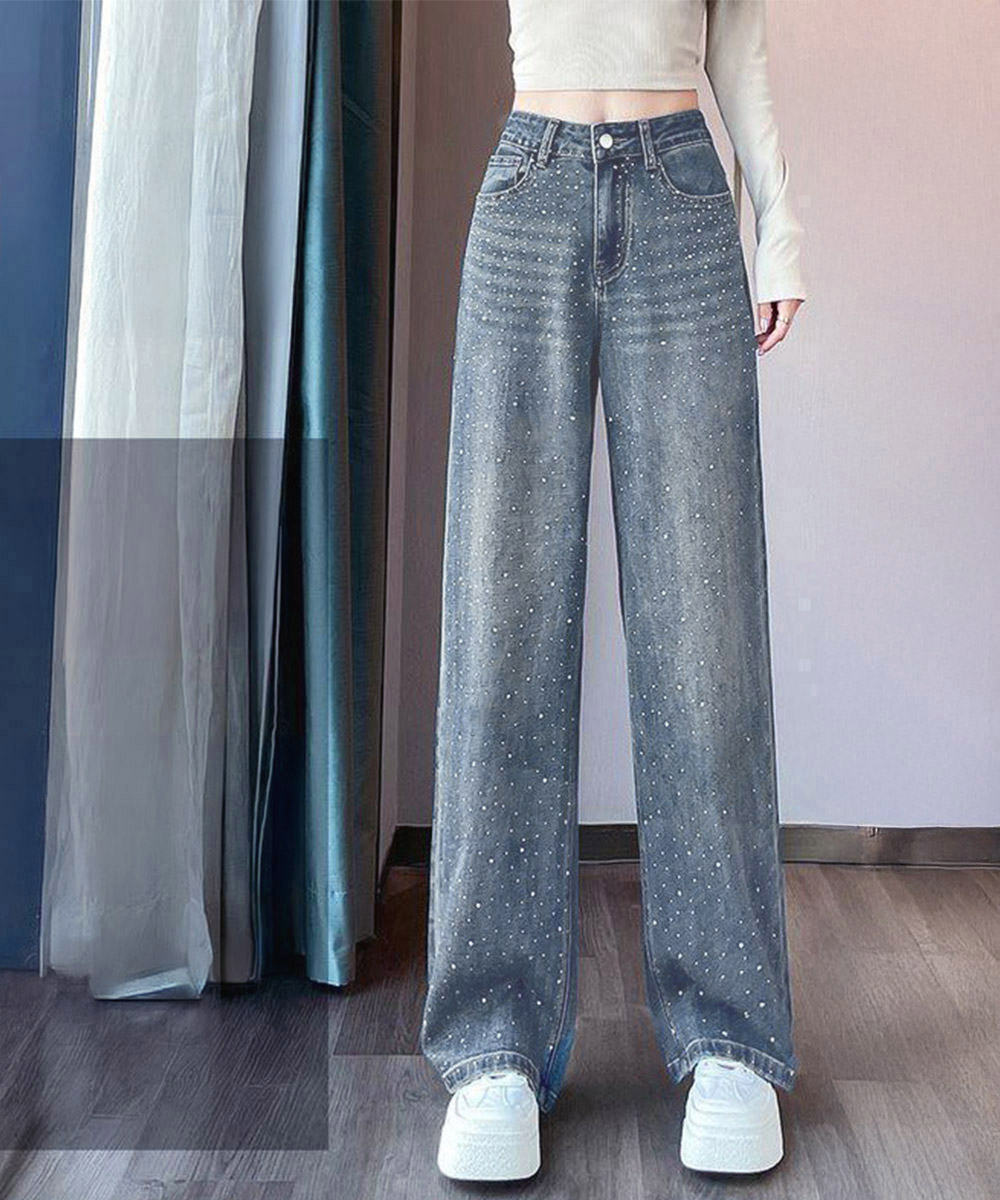 パンツセットアップ キラキラ輝くワイドラインストーンデニムパンツ