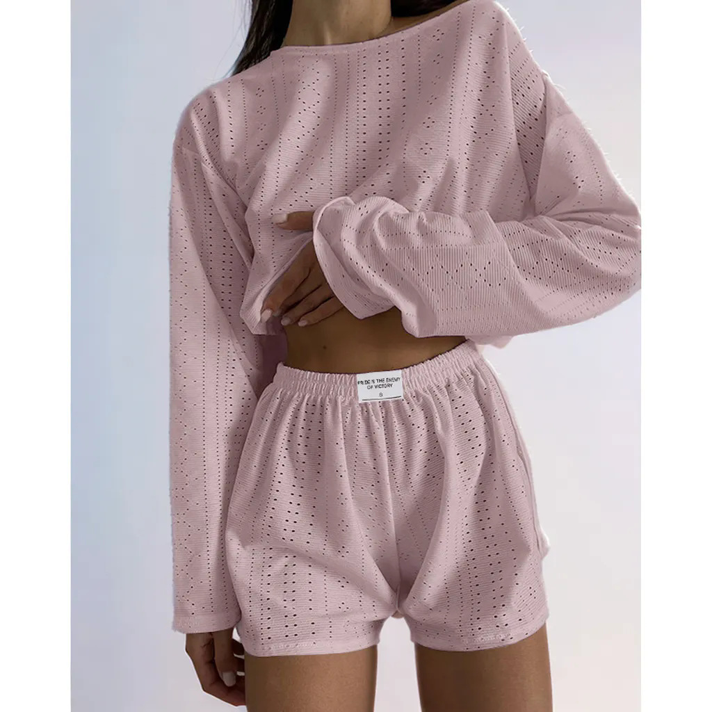 パンツセットアップ 透かし編みニット上下セットショートパンツルームウェア