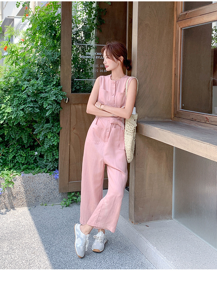 パンツセットアップ リネン風ノースリーブワイドパンツセット