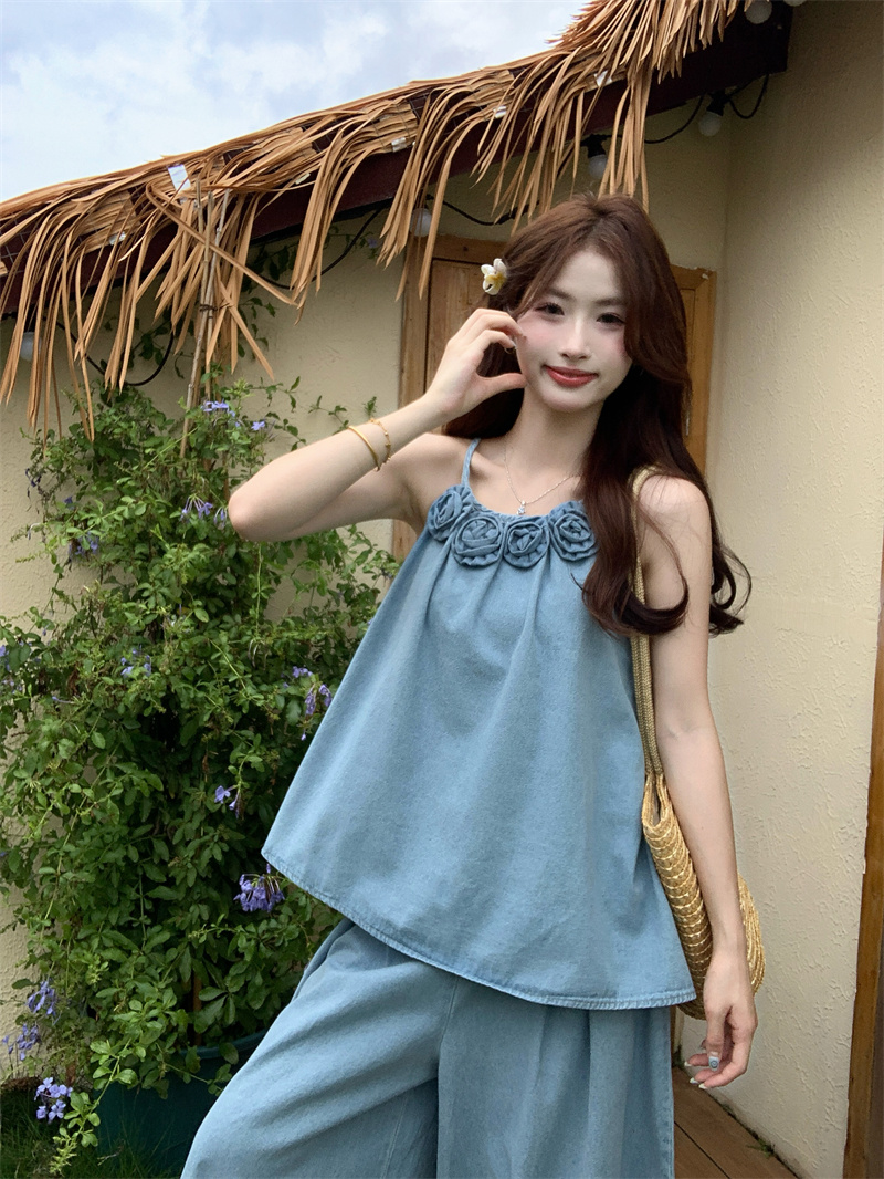 パンツセットアップ 夏新作韓国風花飾りキャミソール×ワイドパンツセット