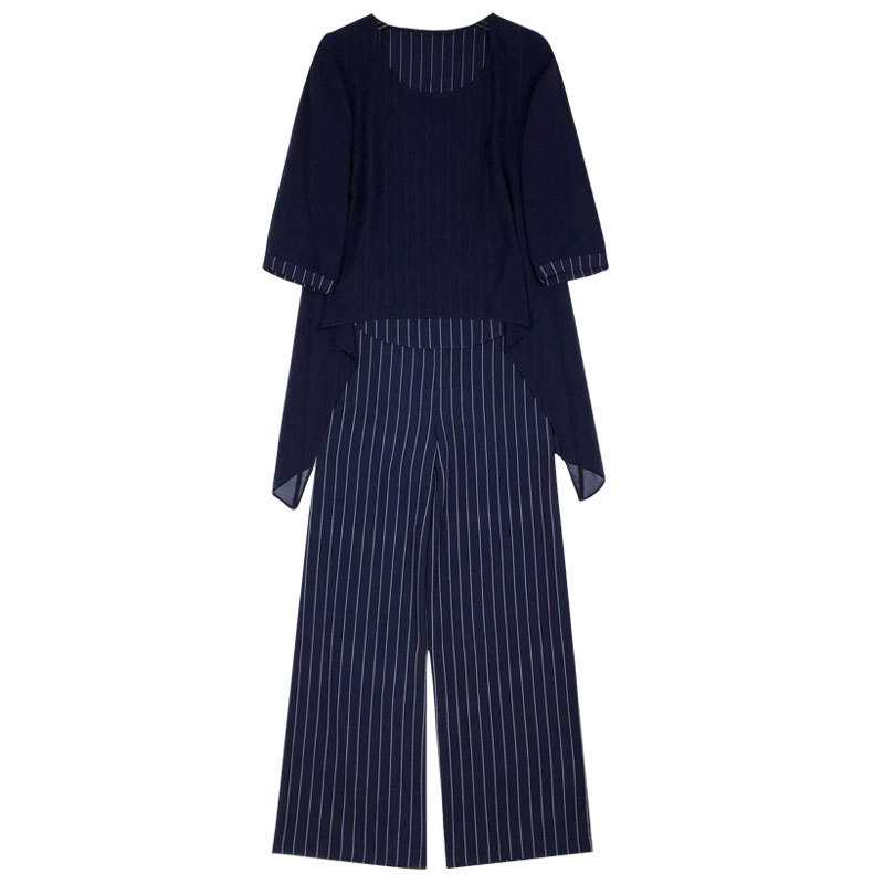 パンツセットアップ シフォン重ね着風ストライプワイドパンツセット