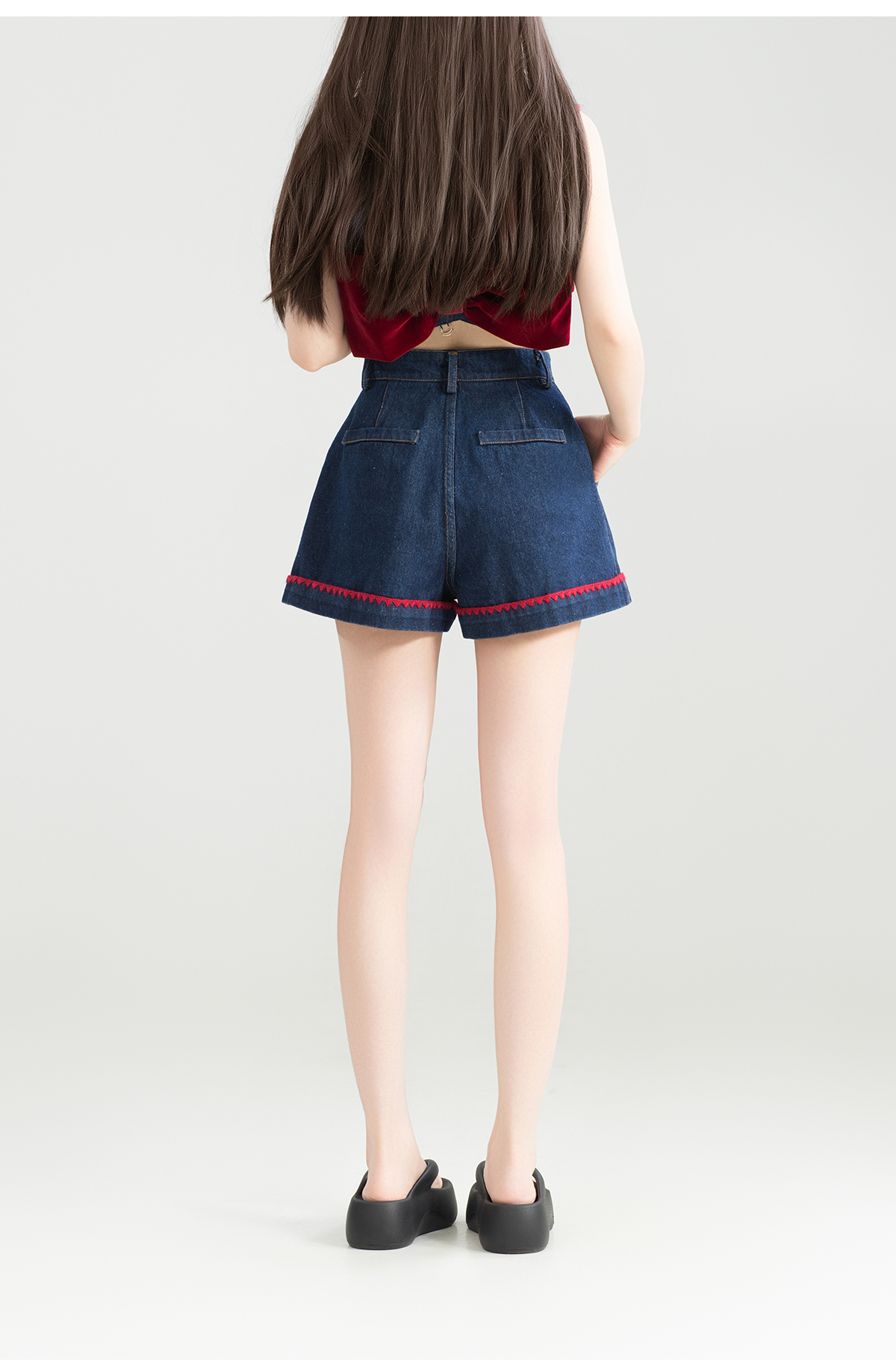 パンツセットアップ ショート リボン付きデニムセットアップ