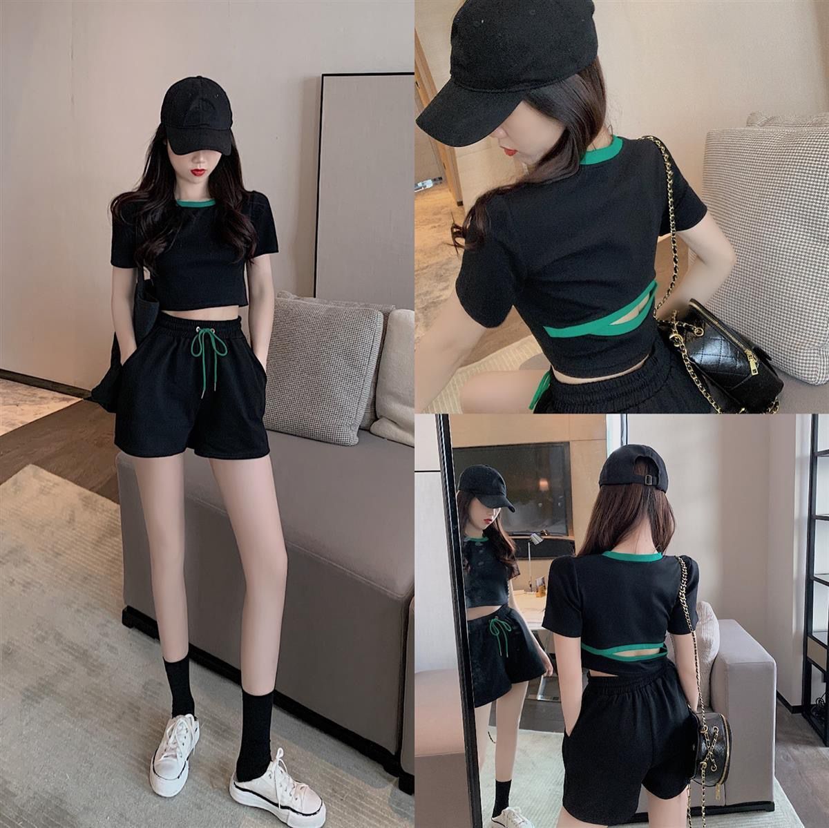 パンツセットアップ ウエストリボン ショート丈セットアップ