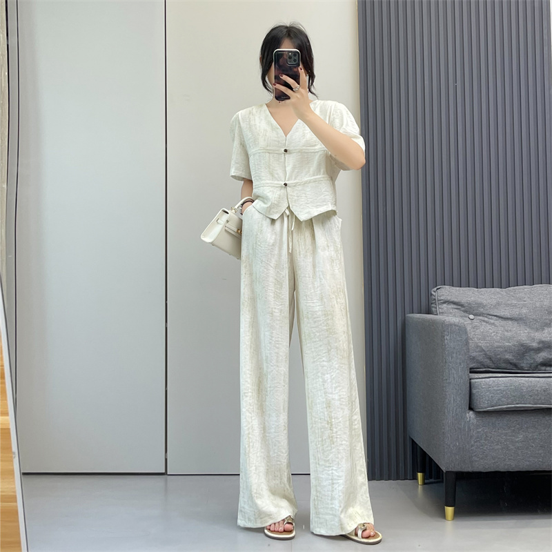 パンツセットアップ ワイド パフスリーブ麻混ワイドセットアップ