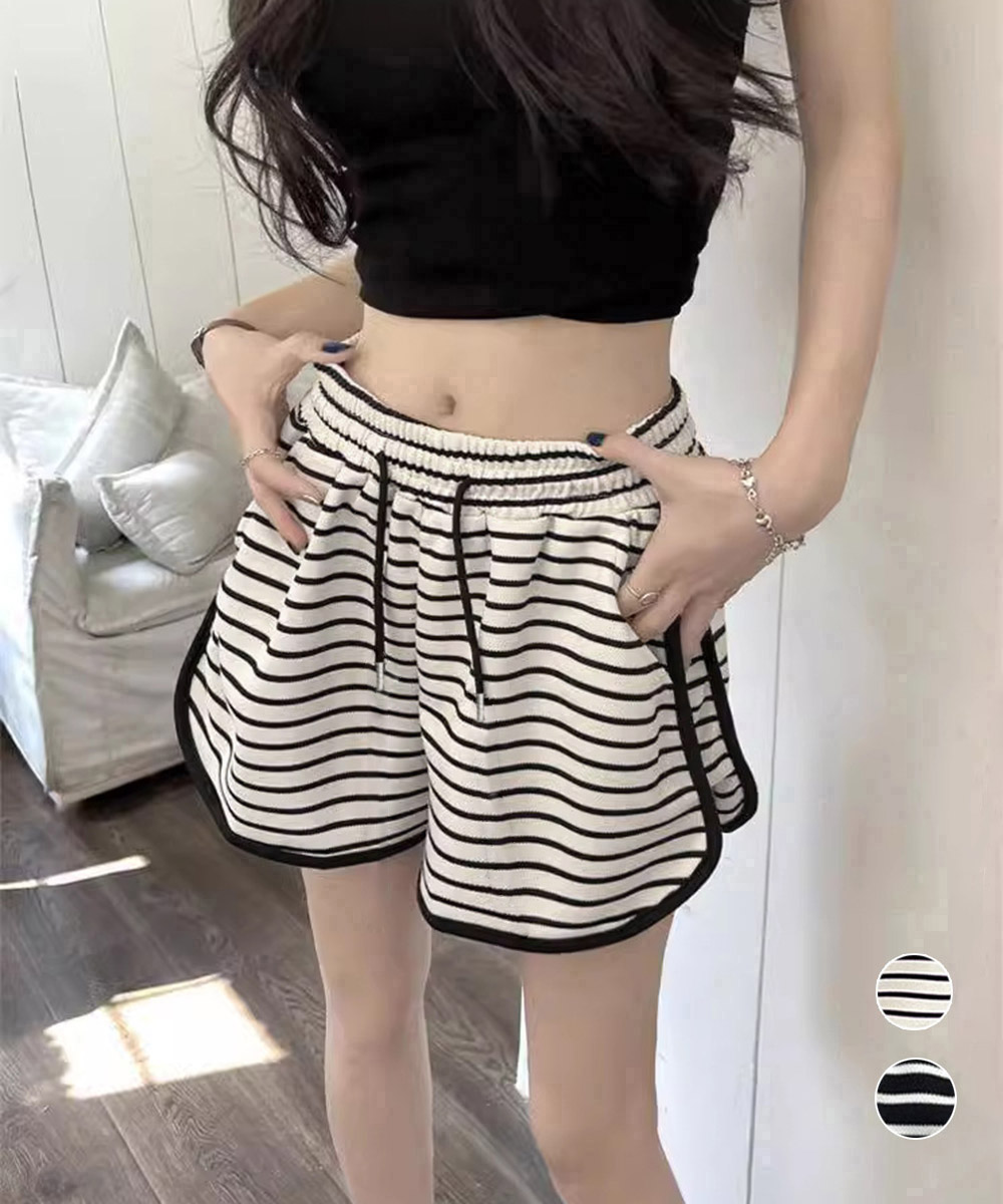 パンツセットアップ 韓国風ボーダー柄ショート丈運動着夏用短パン
