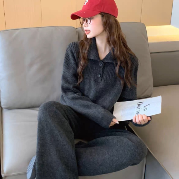 パンツセットアップ 秋冬ニットワイドパンツ上下セット体型カバーゆったり