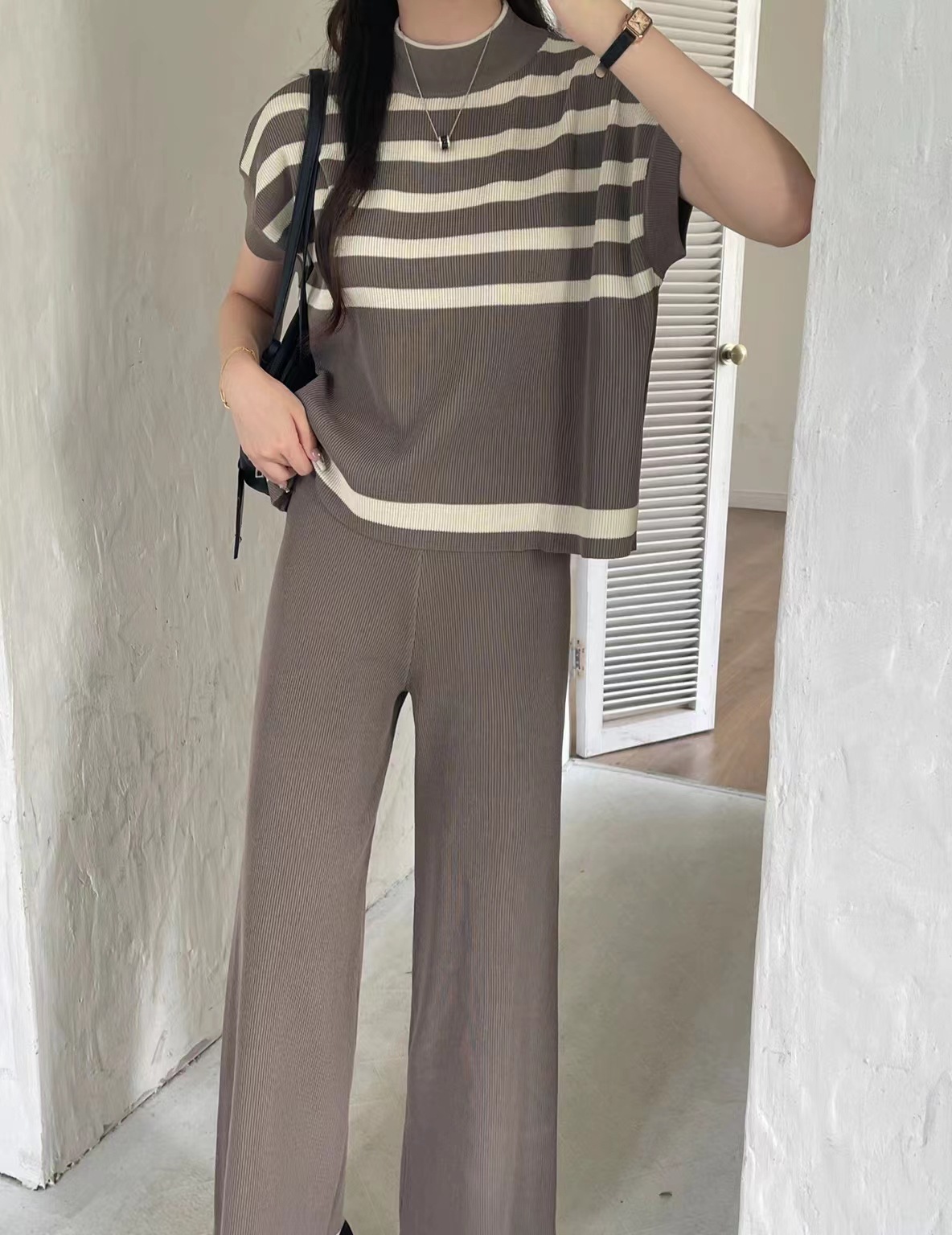 パンツセットアップ ボーダーニット ワイドパンツセットアップ