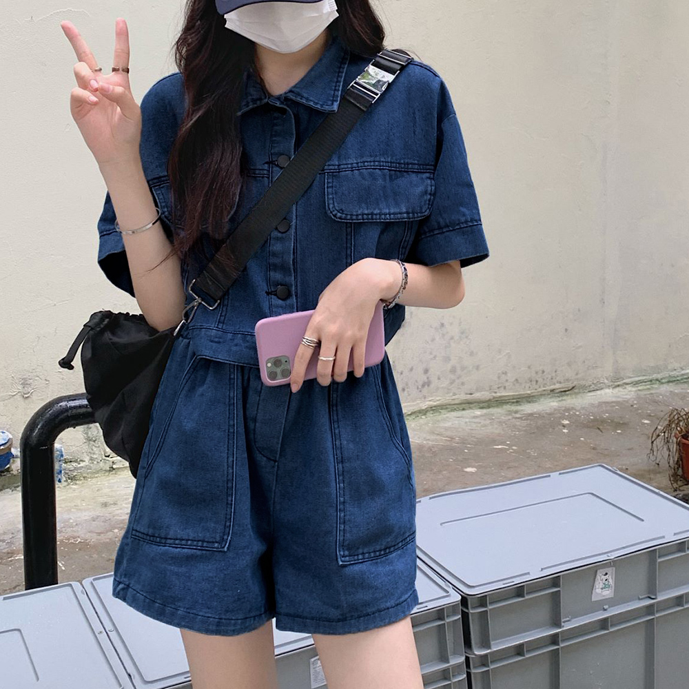 パンツセットアップ デニム半袖ジャケット ワイドショートパンツ 上下セット