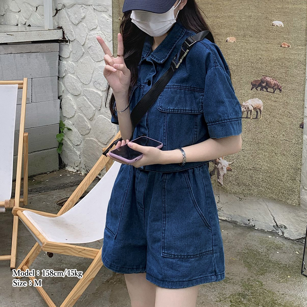 パンツセットアップ デニム半袖ジャケット ワイドショートパンツ 上下セット