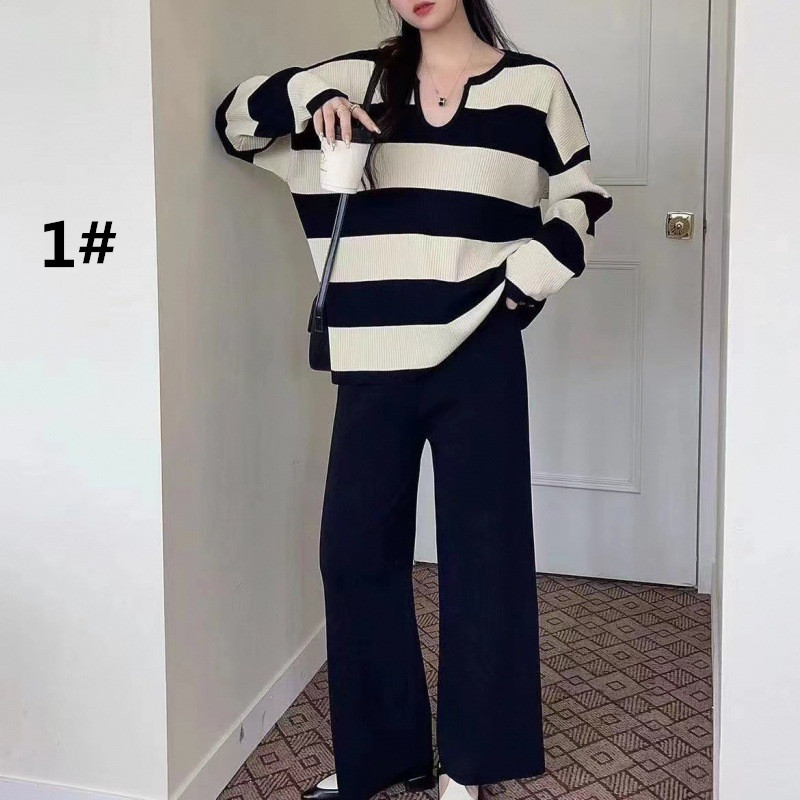 パンツセットアップ 秋冬新作 ボーダーニット ワイドパンツ セットアップ レディース